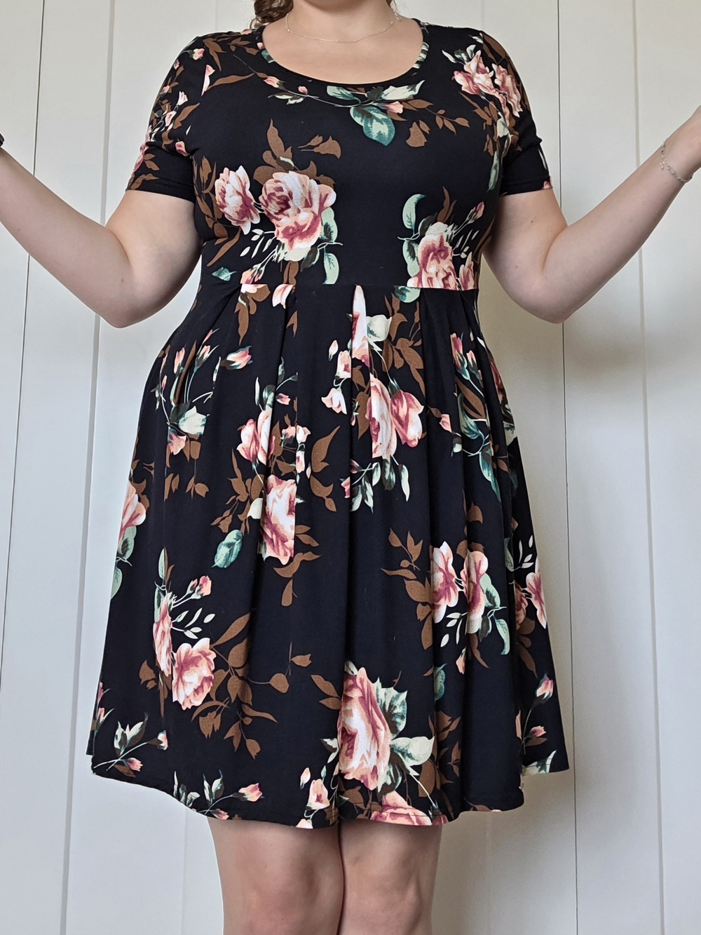Floral Fit & Flare Dress - Black with Pink Rose Print - Picture 1 of 1